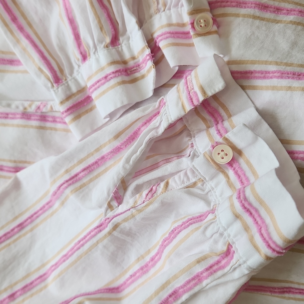J. Crew Ruffle Neck Tie-Front Striped Blouse Cotton Popover Pink Tan Small - Picture 9 of 13